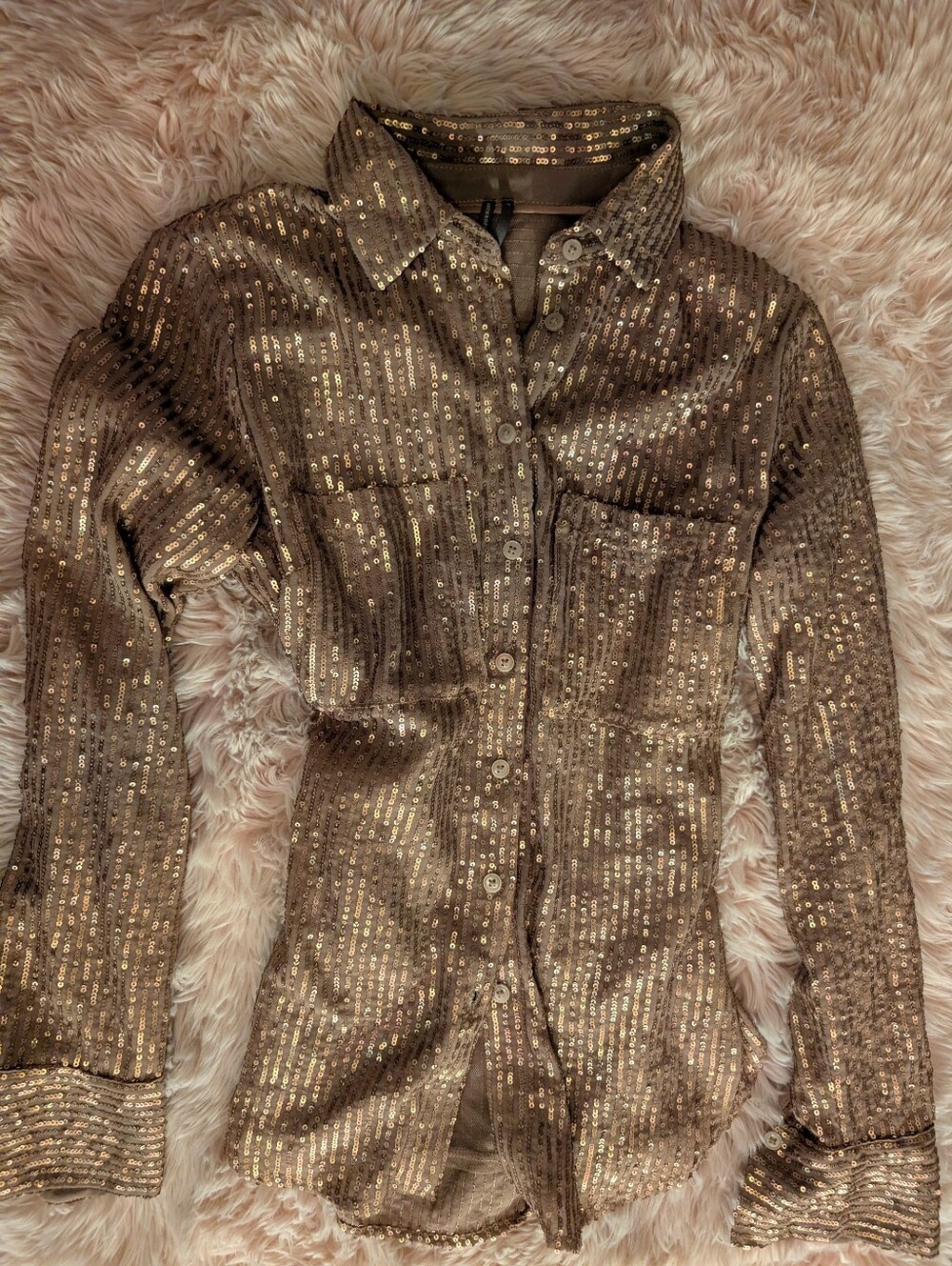 Anthropology Women's Sequin Button-Up Shirt Jacket in Bronze, Beige, Gold